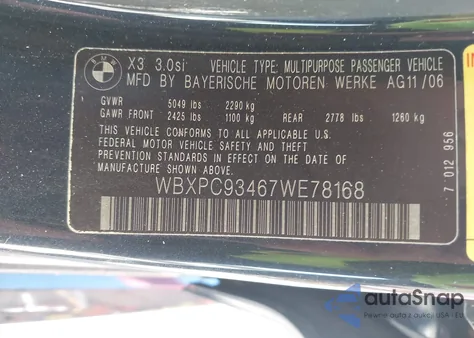 2007 BMW X3 3.0Si z USA, uszkodzony, nr VIN WBXPC93467WE78168